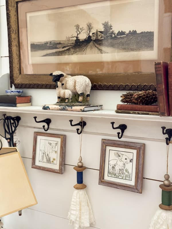 Shelf beside the desk is decorated for Spring