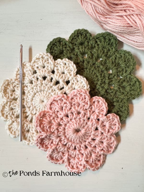 3 DIY Crochet Doilies in pink, cream, and green