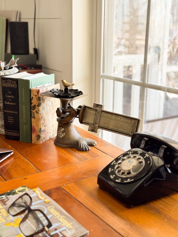 vintage rotary phone and post office scale accessories for thrift store desk update
