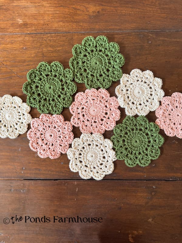 9 hand crochet doily table runner on rustic farmhouse table 