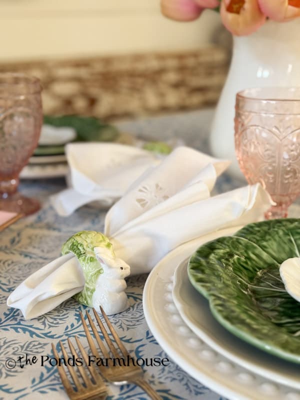 thrifted bunny & cabbage napkin rings o& thrifted napkins n Easter Tablescape