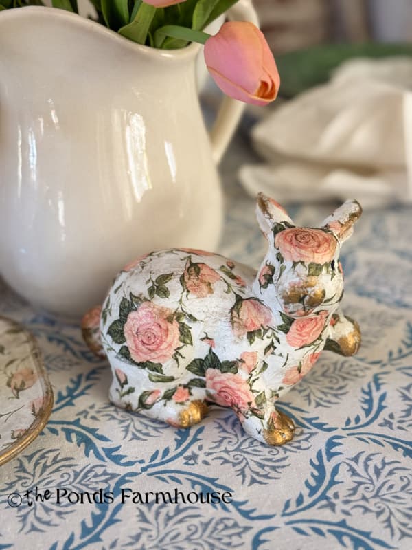 Thrifted bunny transformed with rose napkin decoupage