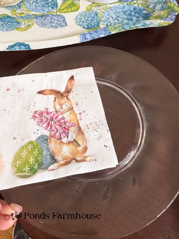 thrifted clear plate with bunny napkin