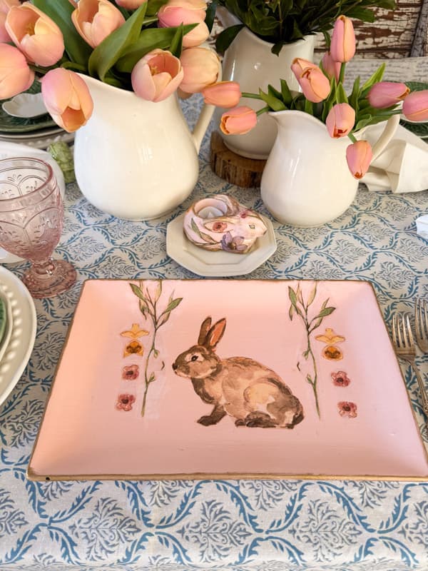 thrifted platter and bunny candleholder with napkin decoupage applied