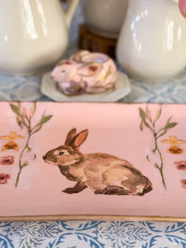 thrifted platter with bunny napkin decoupage for a Pottery Barn Style platter.  