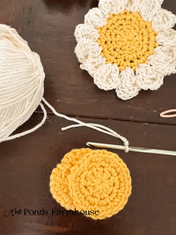 two crochet daisy centers 