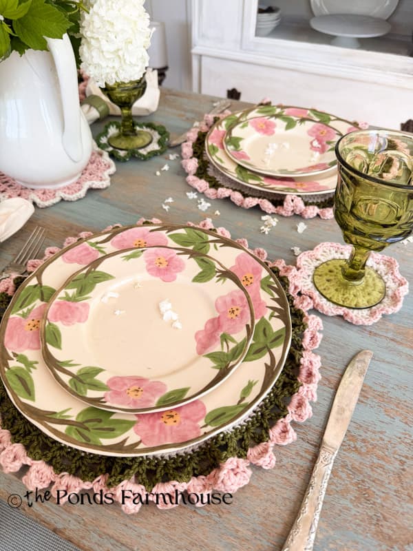 DIY Crochet Round Placemats and doliies for coasters  with Fanciscan Desert Rose Dinnerware