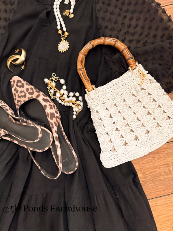 DIY Crochet Purse with black dress, shoes and jewelry