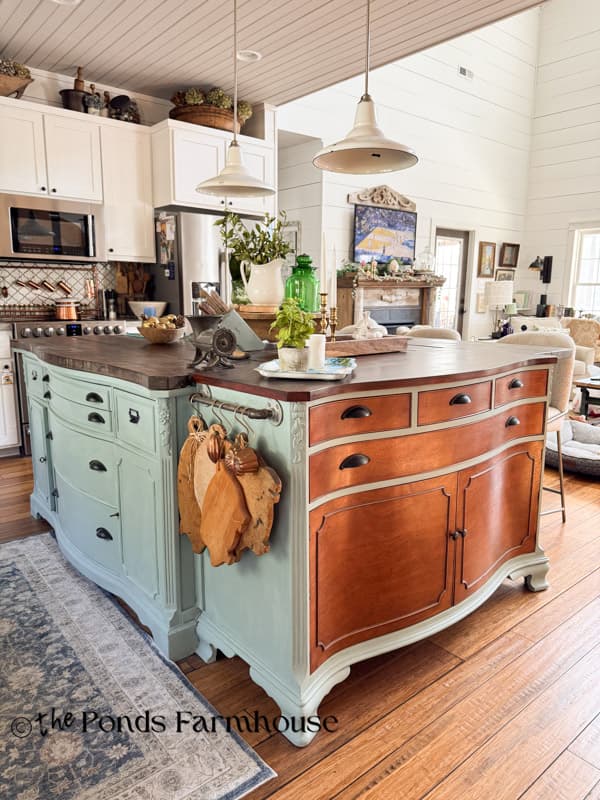 DIY Kitchen Island using furniture as the base with natural wood drawer and door fronts
