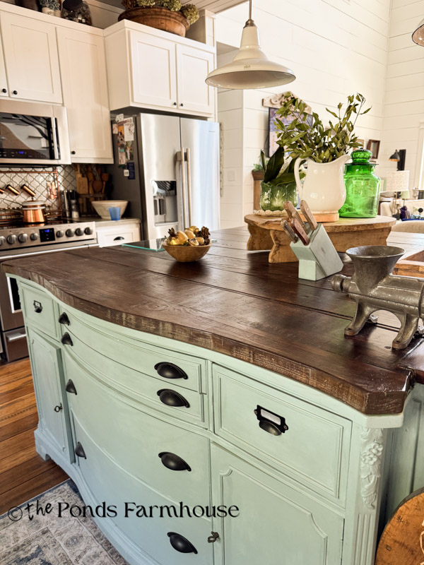 DIY Kitchen Island using furniture and natural wood countertop