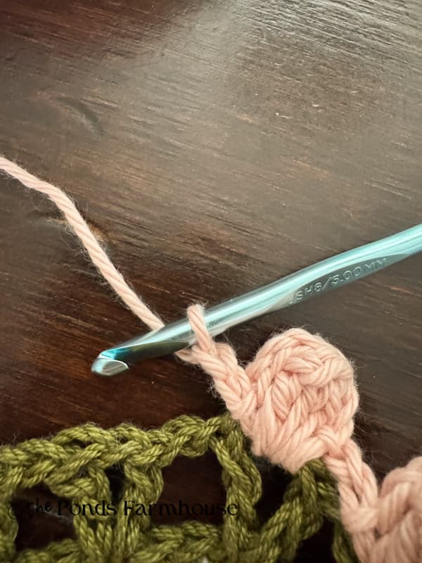 chain 2 between each popcorn stitch