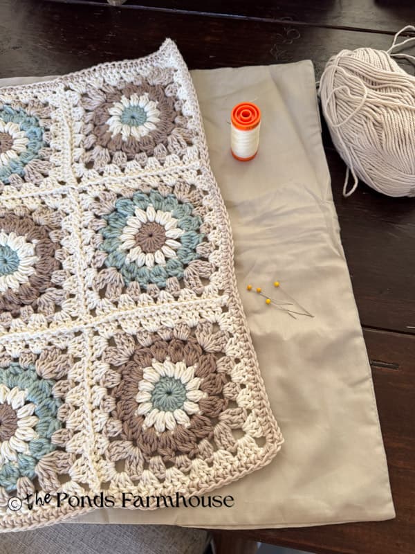 fabric pillow cover with upholestry thread and granny square pillow cover