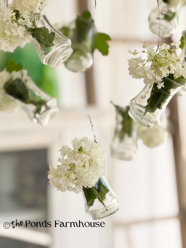 fresh snowball blooms in hanging vases on DIY light fixture above the table.