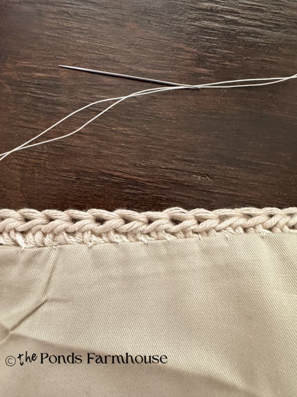 stitch fabric pillow cover with upholestry thread to granny square pillow cover