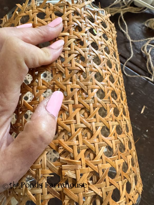 Add hot glue and wrap can webbing around vases for the Serena & Lily Knock-offs