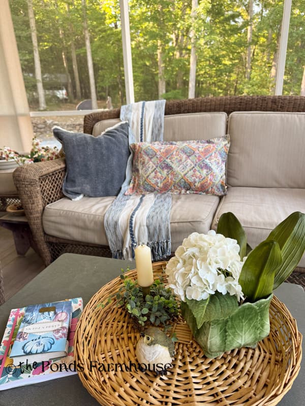 Colorful pillow cover on porch sofa - Ballard Designs Fabric Inspired.