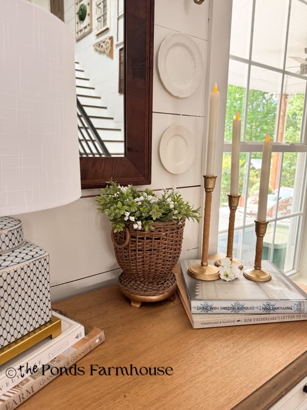 Entry table with three candlestick holders - Serena & Lily dupe with Battery Flicker Tapers