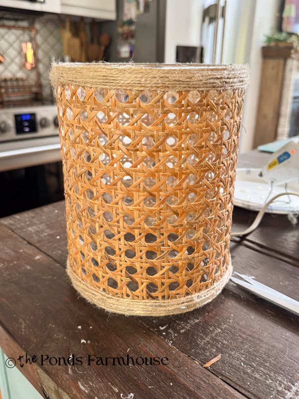 Large Dollar Tree Glass Vase with cane webbing & jute twine for Serena & Lily Look Alike Vases