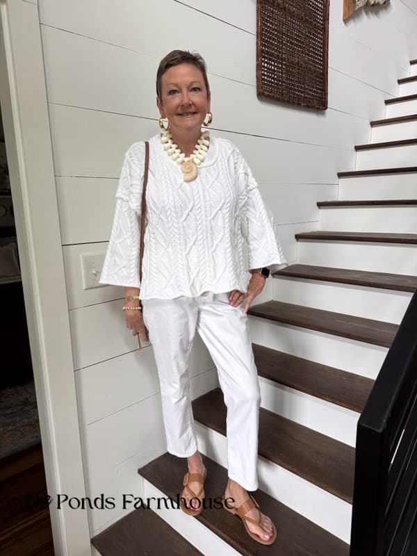 Rachel in white on white spring outfit