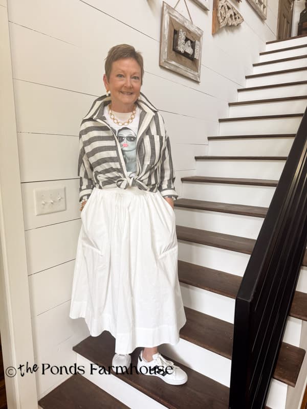 Rachel with white skirt, Audrey T and sneakers