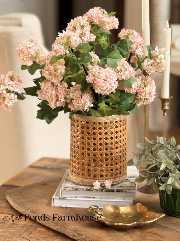 Serena & Lily Dupe Vase with pink snowball flowers on coffee table