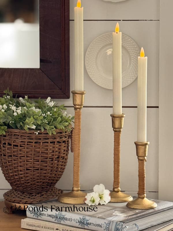 three candlestick holders - Serena & Lily dupe with Battery Flicker Tapers