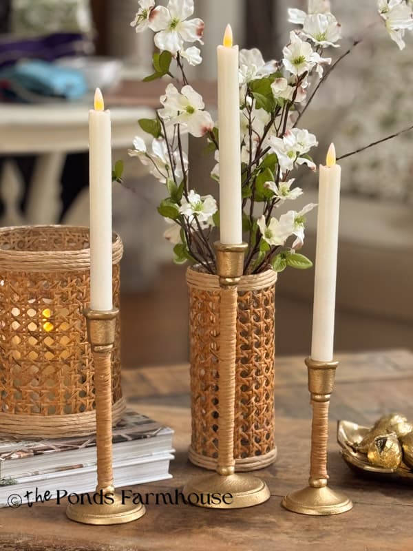 three candlestick holders Serena & lily look alike and DIY Rattan Vases