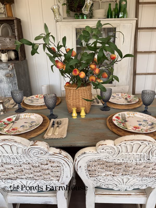 Full Summer Tablescape with floral dishes & peach centerpiece