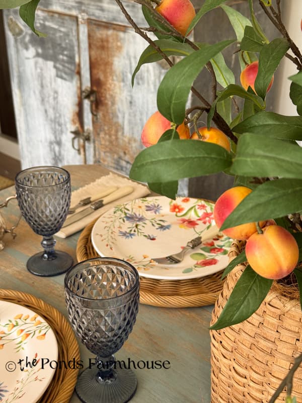 Peach stems with summer dishes for Easy Summer Tablescape