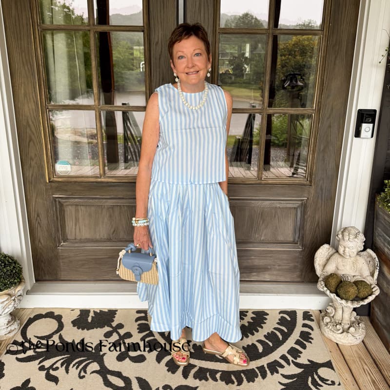 Rachel in Blue & White Striped Dress from Amazon