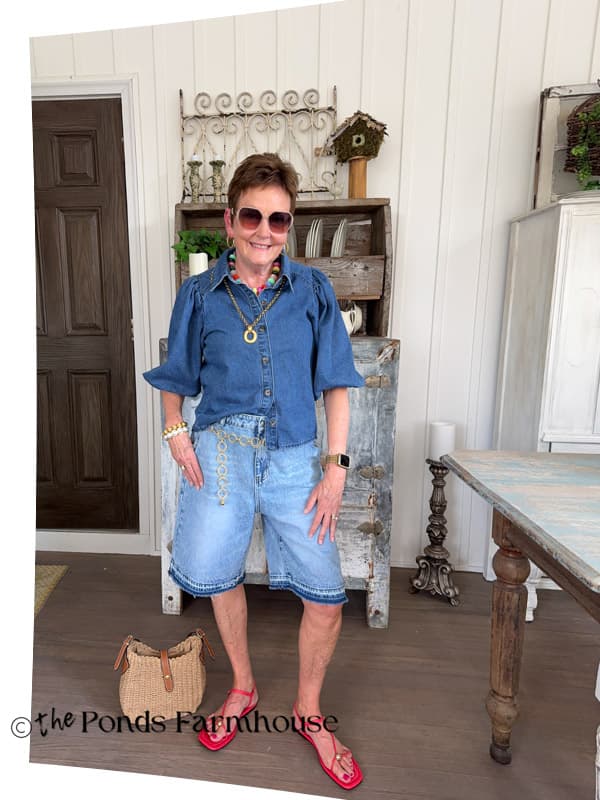 Rachel in denim and red sandals