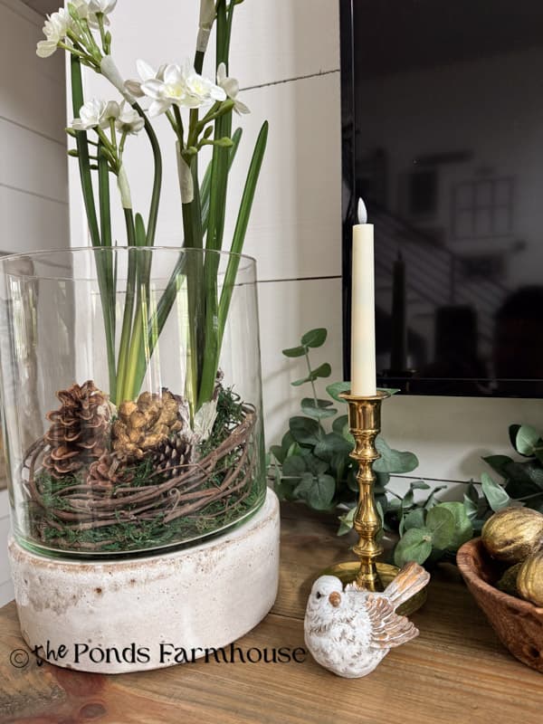 hurricane candleholder with paperwhites and brass candlestick holder on summer mantel