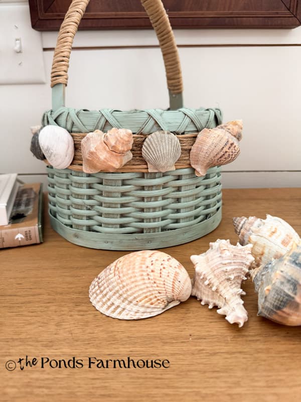 Upcycled DIY Seashell basket with additional seashells on entry table.