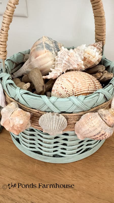 Upcycled DIY Seashell thrift store basket with more shells inside