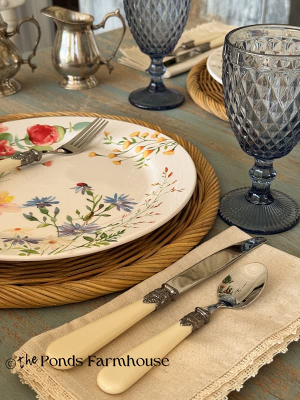 Summer Provence Floral Plate with bone silverware for Summer Tablescape