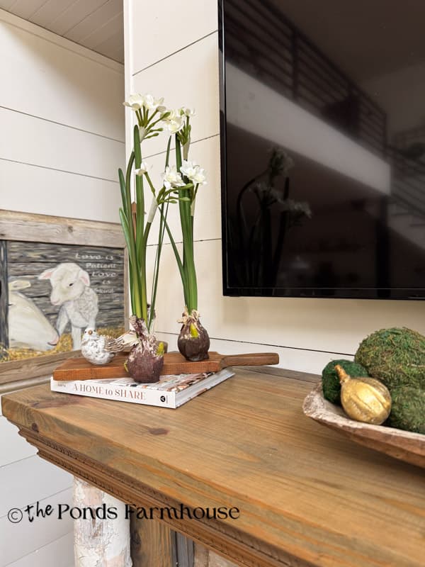 moderately decorated mantel for summer with paperwhite bulbs, small bird, LED lamp 