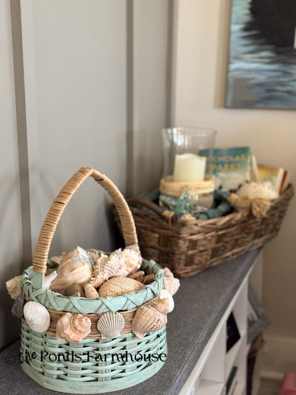 DIY seashell bsket in beach cottage 