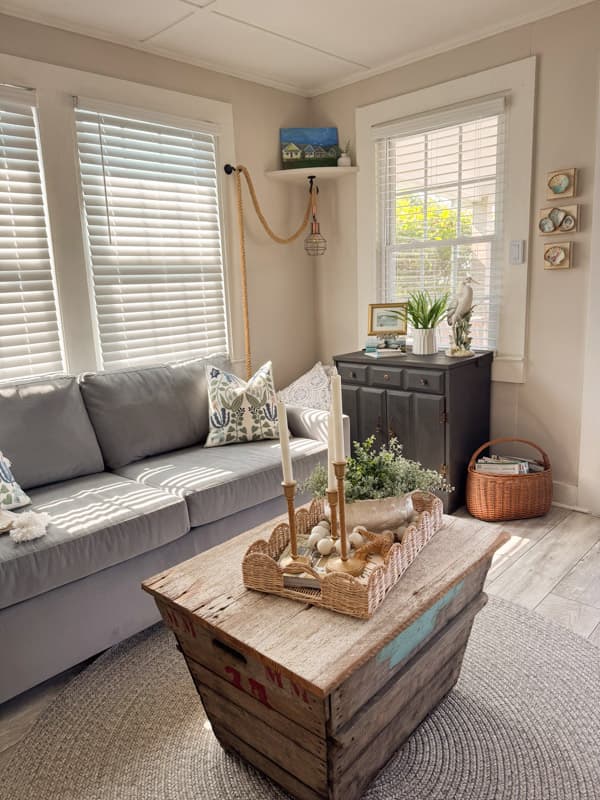 Living Room in Tiny Beach Cottage Coastal home tour