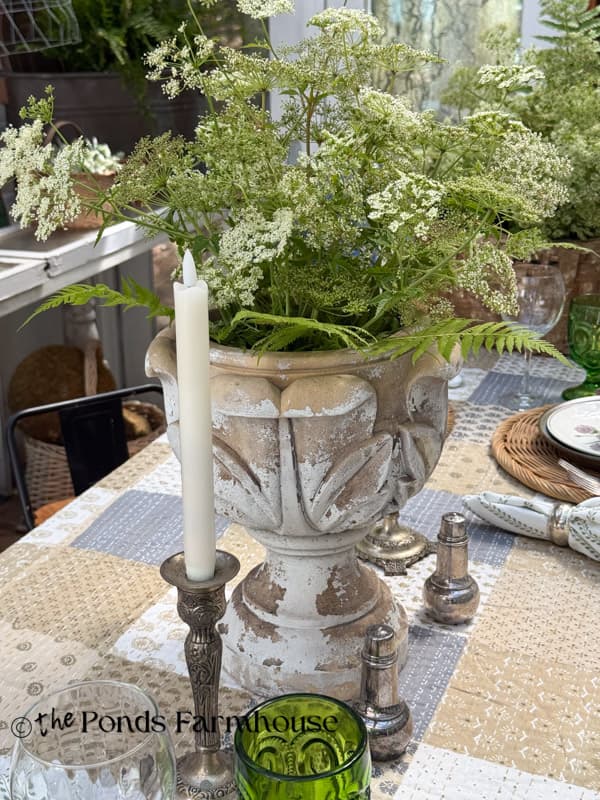 Rustic Queen Ann's Lace Centerpiece with elegant thrifted silver candlestick holders & salt & pepper shakers