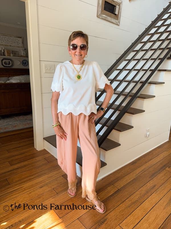 Rachel with lace hem pants & white top
