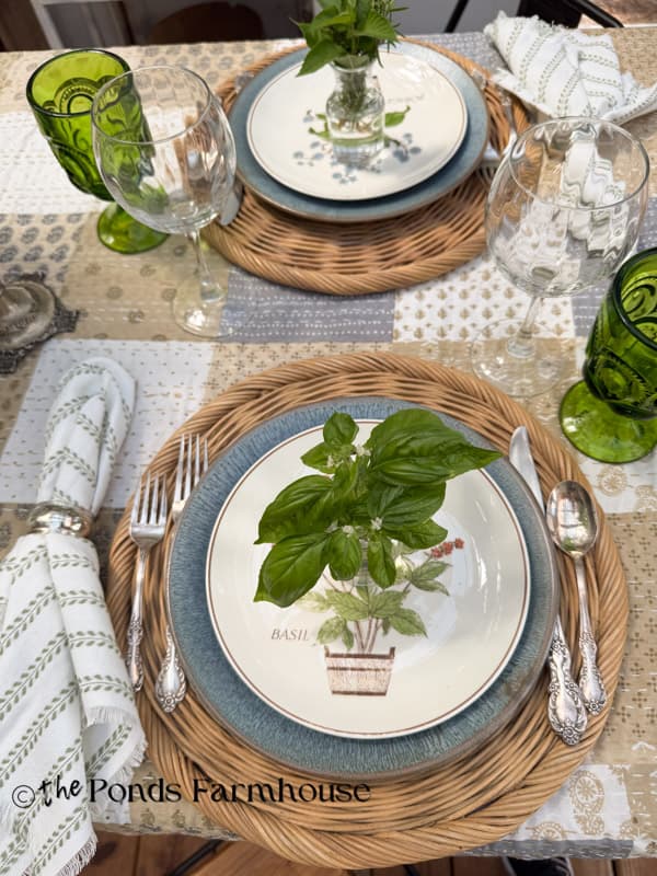 Thrifted Botanical Basil herb dish for summer garden party tablescape