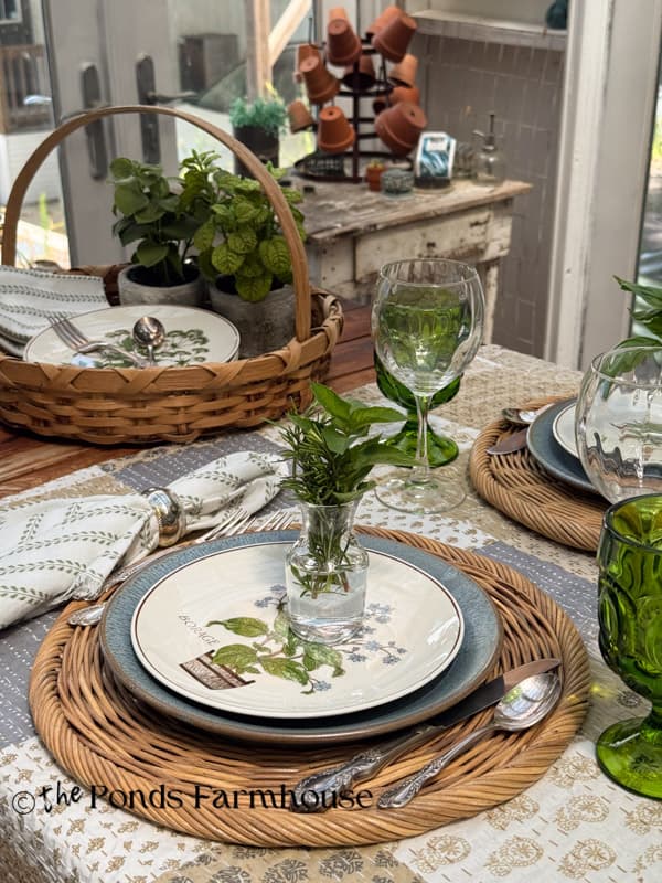 Thrifted Botanical herb dishes for summer garden party tablescape