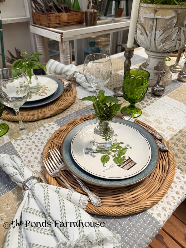 Thrifted Botanical herb dishes & earthenware pottery dishes for summer garden party tablescape place setting