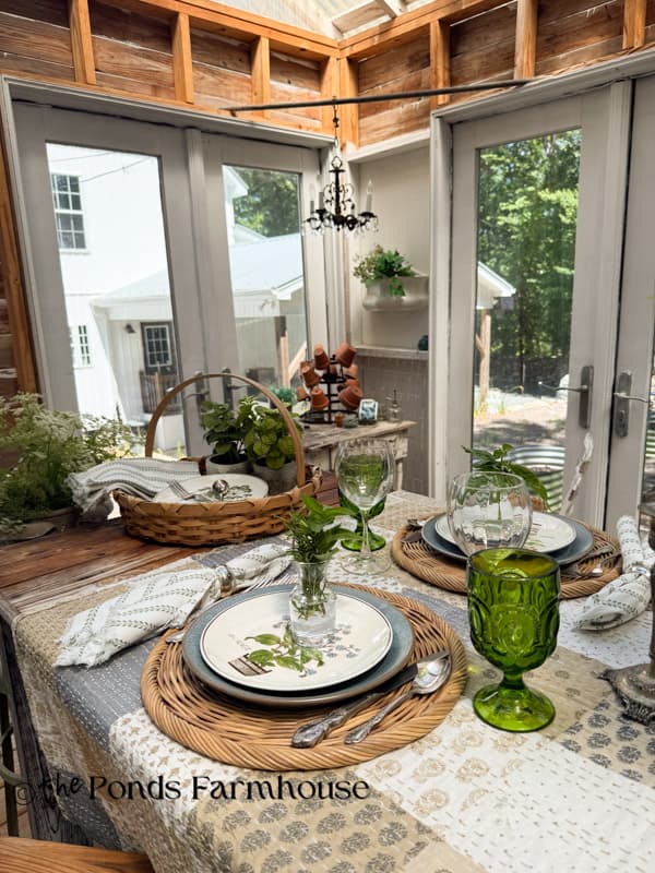 Thrifted Botanical herb dishes & green water goblets  for summer garden party tablescape