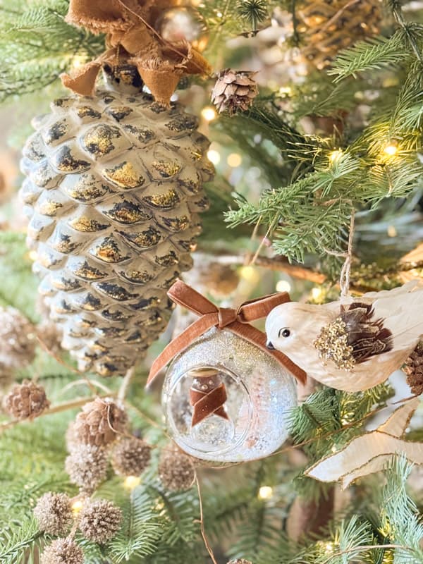 close up of DIY ornamants on 2025 Christmas tree