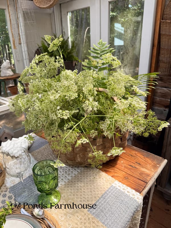 oversized basket filled with Queen Anne's Lace wildflowers for organic basket arrangement on table