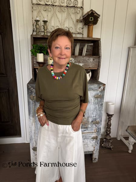 Rachel in culottes & green tee shirt