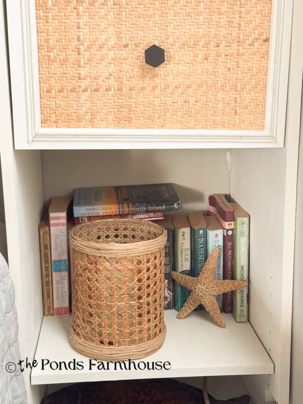 Serena & lily rattan vase dupe with starfish in beach cottage bedroom