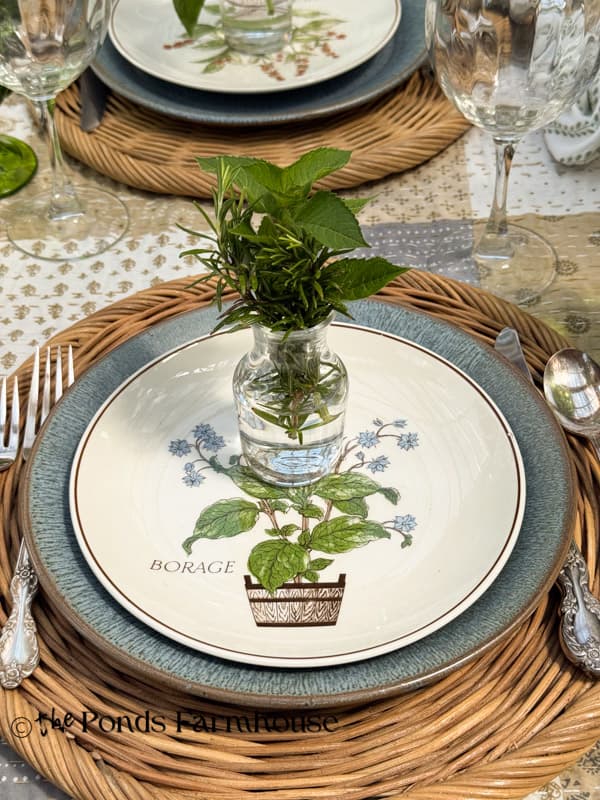 thrifted botanical dishes with fresh herbs in vases for Summer Garden Tablescape  Place Setting  