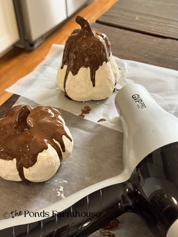Add chocolate brown glaze to the dollar tree pumpkins